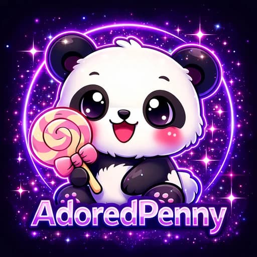 AdoredPenny als Panda mit einem großen Lutscher im violetten Neonstil