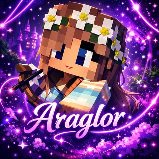 Araglor als Minecraft-Figur mit Blumenkranz im violetten Neonstil
