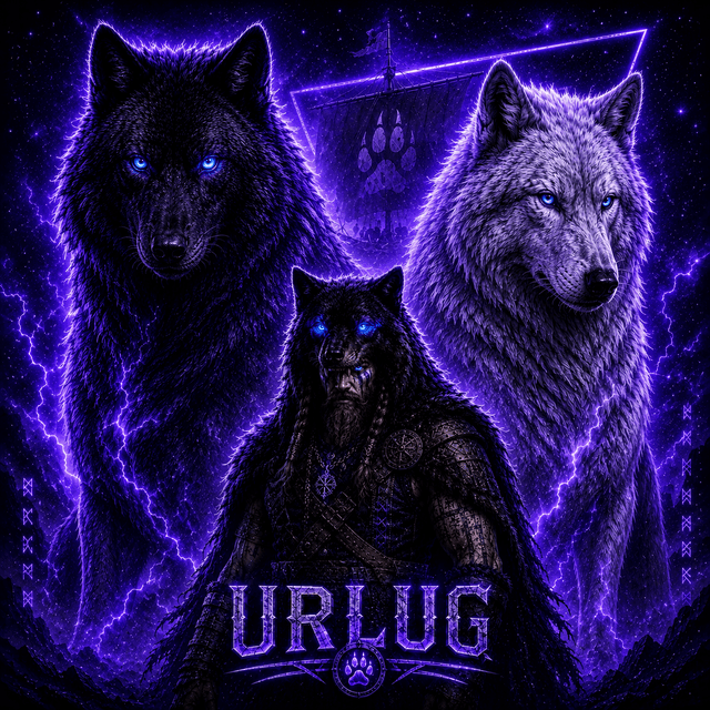 Urlug mit zwei Wölfen im violetten Neonstil
